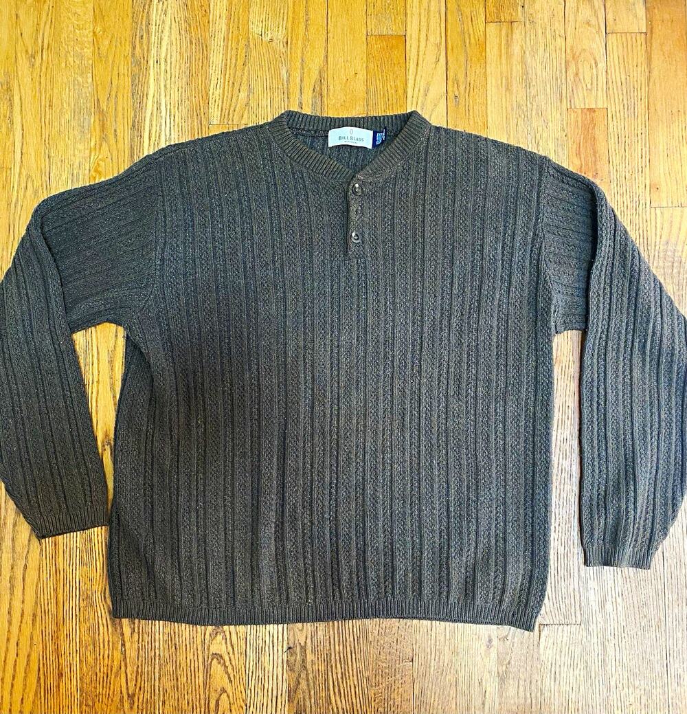 Bill Blass Mens Cotton Rib-Knit Henley Pullover Y2K Sweater GrandpaCore Size XL